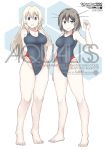  2girls atago_(kantai_collection) barefoot blonde_hair breasts cleavage collarbone competition_swimsuit covered_navel full_body green_eyes grey_swimsuit hair_ornament hand_on_hip highleg highleg_swimsuit kantai_collection large_breasts long_hair looking_at_viewer maya_(kantai_collection) medium_breasts multiple_girls one-piece_swimsuit parted_lips short_hair smile souji standing swimsuit x_hair_ornament 