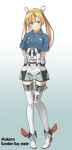  1girl abukuma_(kantai_collection) arms_behind_back bangs blonde_hair blue_background blue_eyes blue_shirt blush breast_pocket breasts character_name collared_shirt commentary_request cosplay double_bun eyebrows_visible_through_hair full_body gambier_bay_(kantai_collection) gambier_bay_(kantai_collection)_(cosplay) gloves gradient gradient_background hair_rings highres kantai_collection long_hair looking_at_viewer multicolored multicolored_clothes negahami o3o pocket shirt short_sleeves solo standing thighhighs twintails white_background white_gloves white_legwear 