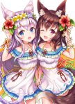  2girls :d ;d animal_ear_fluff animal_ears blue_eyes blush breasts brown_hair cat_ears cat_girl cat_tail choker collarbone cowboy_shot dress flower fox_ears fox_girl fox_tail hair_flower hair_ornament hand_up head_wreath hibiscus holding_hands long_hair looking_at_viewer medium_breasts multiple_girls one_eye_closed open_mouth original purple_flower red_eyes red_flower sakura_ani side-by-side silver_hair small_breasts smile tail white_dress x_hair_ornament yellow_flower 