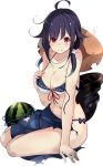  1girl bikini black_hair black_sarong food fruit full_body hat kantai_collection kujou_ichiso official_art print_sarong red_eyes sarong solo sun_hat swimsuit taigei_(kantai_collection) torn_clothes torn_sarong transparent_background watermelon 