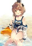  1girl :d alternate_costume bare_shoulders brown_eyes brown_hair highres kantai_collection looking_at_viewer name_tag nanahamu open_mouth partially_submerged school_swimsuit short_hair sitting smile solo speaking_tube_headset sweater swimsuit yukikaze_(kantai_collection) 