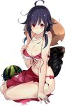  1girl bikini black_hair food fruit full_body hat kantai_collection kujou_ichiso official_art print_sarong red_eyes red_sarong ryuuhou_(kantai_collection) sarong solo sun_hat swimsuit taigei_(kantai_collection) torn_clothes torn_sarong transparent_background watermelon 