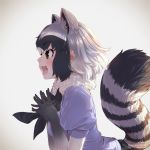  1girl :d animal_ear_fluff animal_ears artist_name black_hair black_neckwear brown_eyes commentary_request common_raccoon_(kemono_friends) elbow_gloves extra_ears eyebrows_visible_through_hair fangs fur_collar gloves gradient gradient_background gradient_gloves grey_hair hands_together kemono_friends leaning_forward looking_at_viewer multicolored_hair open_mouth profile puffy_short_sleeves puffy_sleeves raccoon_ears raccoon_tail short_hair short_sleeves simple_background smile solo striped_tail tail takami_masahiro twitter_username white_hair 