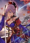  1girl absurdres blue_eyes blurry blurry_background breasts cleavage cowboy_shot depth_of_field devil-dantake fate/grand_order fate_(series) from_side hair_ornament highres katana large_breasts leaf looking_at_viewer magatama maple_leaf miyamoto_musashi_(fate/grand_order) navel navel_cutout outdoors pink_hair ponytail single_sidelock solo sword weapon wide_sleeves 