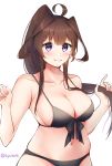  1girl ahoge alternate_costume alternate_hairstyle ayuko91 bare_shoulders bikini black_bikini blush breasts brown_hair cleavage collarbone commentary_request eyebrows_visible_through_hair highres holding holding_hair kantai_collection kongou_(kantai_collection) large_breasts long_hair looking_at_viewer midriff navel ponytail purple_eyes simple_background smile solo swimsuit twitter_username white_background 