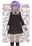  1girl alternate_costume bangs black_dress black_legwear blush closed_mouth cross dark_skin dress eyebrows_visible_through_hair fate/prototype fate/prototype:_fragments_of_blue_and_silver fate_(series) full_body hair_between_eyes hassan_of_serenity_(fate) i.u.y kneehighs long_sleeves looking_at_viewer purple_eyes purple_hair sidelocks sleeves_past_wrists smile solo standing 