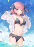  1girl 6u_(eternal_land) armpit_peek bare_shoulders bikini black_bikini blue_eyes blue_sky blush bracelet breasts cleavage cloud collarbone commentary_request front-tie_bikini front-tie_top go-toubun_no_hanayome hair_ornament hands_up jacket jewelry long_sleeves looking_at_viewer medium_breasts nakano_nino navel off_shoulder open_clothes open_jacket outdoors petals see-through short_hair side-tie_bikini sky smile solo stomach swimsuit thighs two_side_up wading water white_jacket 