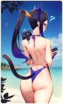  /\/\/\ 1girl ? animal_ears artist_name ass bare_back beach black_cat black_hair blue_eyes blue_sky blue_swimsuit blurry blurry_background cat cat_tail cowboy_shot dated depth_of_field eyeshadow fake_animal_ears hairband halterneck high_ponytail horizon lens_flare long_hair looking_back lvans makeup o-ring o-ring_swimsuit one-piece_swimsuit original outdoors shiny shiny_skin sidelocks sky solo swimsuit tail thighs 