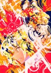  1girl abstract abstract_background face hair_ornament hakkasame multicolored_hair profile streaked_hair tiger toramaru_shou touhou two-tone_hair yellow_eyes 