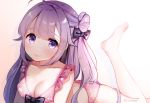  1girl ahoge azur_lane bangs bare_legs barefoot bikini black_bow blurry blurry_background bow breasts cleavage closed_mouth collarbone commentary_request depth_of_field eyebrows_visible_through_hair hair_bow hair_bun leg_up long_hair lying maeha medium_breasts on_stomach one_side_up pink_bikini purple_eyes purple_hair side_bun smile solo swimsuit twitter_username unicorn_(azur_lane) very_long_hair 
