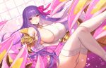  1girl artist_name bangs bare_shoulders blunt_bangs blush breasts claws collar commentary english_commentary eyebrows_visible_through_hair fate/extra fate/extra_ccc fate/grand_order fate_(series) hair_ribbon huge_breasts long_hair o-ring o-ring_top parted_lips passion_lip pink_ribbon purple_eyes purple_hair ribbon sideboob solo terupancake thighhighs twitter_username very_long_hair white_legwear 