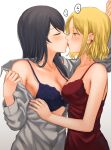  1_rt_de_nakawarui_nonke_joshi-tachi_ga_1-byou_kiss_suru 2girls arm_up bangs bare_shoulders black_hair blonde_hair blue_bra bra breasts chemise cleavage closed_eyes couple earclip earrings eye_contact french_kiss from_side fukuroumori grey_shirt hair_behind_ear half-closed_eyes highres jewelry kabedon kiss large_breasts long_hair long_sleeves looking_at_another multiple_earrings multiple_girls off_shoulder profile shirt short_hair simple_background spaghetti_strap speech_bubble stud_earrings translated underwear undressing upper_body white_background yellow_eyes yuri 