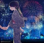  1boy 1girl admiral_(kantai_collection) alternate_costume black_hair closed_eyes fireworks from_side holding_hands japanese_clothes kantai_collection karomura kimono long_hair night open_mouth ponytail purple_kimono solo_focus twitter_username yukata 