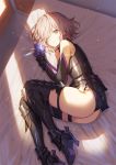  1girl armor armored_dress ass bare_shoulders blush breasts commentary_request elbow_gloves fate/grand_order fate_(series) faulds gloves hair_over_one_eye high_heels large_breasts lavender_hair leotard lighting looking_at_viewer lying mash_kyrielight on_bed on_side purple_eyes purple_gloves purple_legwear purple_leotard saitou_masatsugu short_hair solo thigh_strap thighhighs thighs 