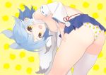  1girl ahoge animal_ears areolae ass asymmetrical_legwear azur_lane bangs bent_over blue_hair blue_skirt breasts commentary_request detached_sleeves fang from_side fubuki_(azur_lane) gyusukiudon looking_at_viewer nipples open_mouth panties pantyshot pantyshot_(standing) pleated_skirt short_hair sideboob skin_fang skirt small_breasts smile solo standing thighhighs underwear white_legwear wide_sleeves yellow_eyes 