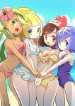  4girls beach beanie bikini black_hair blonde_hair blue_eyes blue_hair blue_sky breasts chorimokki cleavage closed_mouth cloud dark_skin day flower green_eyes green_hair hair_flower hair_ornament hairband hat lillie_(pokemon) long_hair mao_(pokemon) mizuki_(pokemon) multiple_girls one-piece_swimsuit open_mouth outdoors pokemon pokemon_(game) pokemon_sm ponytail red_headwear short_hair sky smile suiren_(pokemon) swimsuit twintails water 