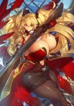  1girl anne_bonny_(fate/grand_order) ascot bangs bare_shoulders belt black_ribbon black_skirt blonde_hair breasts brown_gloves brown_legwear cleavage closed_mouth coat commentary_request detached_sleeves fate/grand_order fate_(series) gloves gun hair_between_eyes hair_ribbon highres huge_breasts long_hair low_neckline melon22 navel pantyhose pencil_skirt red_coat red_eyes ribbon rifle skirt skull_and_crossbones solo thick_thighs thighs very_long_hair weapon 