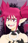  1girl absurdres bare_shoulders collar collarbone demon_girl demon_tail disgaea earrings etna eyebrows_visible_through_hair highres indioweeaboo jewelry makai_senki_disgaea open_mouth pointing pointy_ears red_eyes red_hair sharp_teeth smile tail teeth twintails 