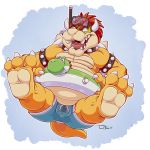  2019 anthro belly bottomwear bowser bulge clothing koopa male mario_bros nintendo overweight overweight_male scalie shorts simple_background teaselbone video_games 
