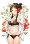  1girl akiyama_mio bangs bare_shoulders bikini black_bikini black_hair blush breasts cleavage collarbone commentary_request eyebrows_visible_through_hair flower grey_eyes jacket k-on! long_hair looking_at_viewer navel ponytail red_flower rnrnmm0624 see-through side-tie_bikini simple_background solo swimsuit white_background white_flower white_jacket 