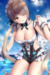  1girl :d alternate_costume bare_shoulders beach blue_sky blush breasts cleavage cloud cowboy_shot day detached_collar eyebrows_visible_through_hair frilled_swimsuit frills groin hair_over_one_eye highres honkai_(series) honkai_impact_3rd large_breasts long_hair looking_at_viewer low_twintails maid_headdress navel one_eye_closed open_mouth outdoors red_eyes rita_rossweisse shiny shiny_skin short_hair side_cutout signature skindentation sky smile solo stomach swimsuit thighs twintails underboob_cutout very_long_hair wading water_drop wet wrist_cuffs wsman 