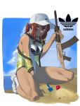  1girl adidas alternate_costume baseball_cap beach blue_sky breasts girls_frontline hat highres hong_doo_jv logo medium_breasts one-piece_swimsuit ponytail red_hair saiga-12 saiga-12_(girls_frontline) sand_castle sand_sculpture shoes sky sneakers socks solo swimsuit twintails yellow_eyes 
