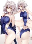  1girl ahoge ass bangs bare_shoulders black_jacket blue_swimsuit blush breasts collarbone covered_navel fate/grand_order fate_(series) hair_between_eyes jacket jeanne_d&#039;arc_(alter)_(fate) jeanne_d&#039;arc_(fate)_(all) large_breasts multiple_views off_shoulder one-piece_swimsuit open_mouth short_hair shunichi silver_hair simple_background squatting swimsuit thighs white_background yellow_eyes 