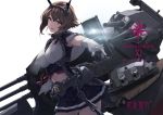  1girl bare_shoulders blue_skirt breasts brown_hair capelet chain cowboy_shot gloves green_eyes hairband headgear kantai_collection large_breasts looking_at_viewer midriff miniskirt mutsu_(kantai_collection) open_mouth pleated_skirt radio_antenna remodel_(kantai_collection) rigging rokuwata_tomoe short_hair simple_background skirt solo white_background white_gloves 