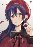  1girl bangs blue_hair blush closed_mouth commentary_request dated earrings eyebrows_visible_through_hair fur_trim hair_between_eyes hat jewelry long_hair long_sleeves looking_at_viewer love_live! love_live!_school_idol_project portrait red_headwear sakaki_kayumu simple_background smile solo sonoda_umi yellow_eyes 