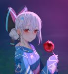  1girl alternate_costume alternate_hairstyle black_bow blue_kimono blush bow candy_apple closed_mouth commentary_request food girls_frontline hair_bow hair_bun hair_ornament japanese_clothes juz kimono looking_at_viewer red_eyes solo star star_hair_ornament star_print tokarev_(girls_frontline) upper_body white_hair 