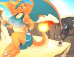  2019 anthro breasts clothing detailed_background duo female female_focus fire male mega_charizard mega_charizard_x mega_charizard_y mega_evolution nintendo pok&eacute;mon pok&eacute;mon_(species) reptile scalie skwidbone solo_focus video_games wings 