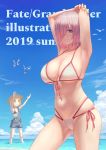  2girls arms_up bare_shoulders bikini bird blue_sky breasts cleavage commentary_request fate/grand_order fate_(series) frankenstein&#039;s_monster_(fate) frankenstein&#039;s_monster_(swimsuit_saber)_(fate) hair_over_one_eye hat highres large_breasts mash_kyrielight mordred_(fate)_(all) mordred_(swimsuit_rider)_(fate) multiple_girls navel ocean outdoors outstretched_arms overalls partially_submerged paul_bunyan_(fate/grand_order) pink_hair short_hair sky small_breasts smile swimsuit takehisa_tomoe water white_bikini 