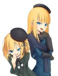  1girl bangs black_gloves black_headwear blonde_hair blue_eyes blush commentary_request eyebrows_visible_through_hair fate/grand_order fate_(series) fur_collar gloves hat highres long_hair long_sleeves looking_at_viewer lord_el-melloi_ii_case_files multiple_views oniku_(pixiv_28205308) reines_el-melloi_archisorte ribbon short_hair simple_background smile solo white_background 