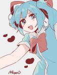  1girl :d artist_name blue_eyes blue_hair bow collared_dress conchiel_monyanizumu eyebrows_visible_through_hair eyes_visible_through_hair hair_ribbon heart highres karaagetannpopo looking_at_viewer open_mouth red_bow red_ribbon ribbon short_sleeves sideways_glance simple_background smile solo towelket_wo_mou_ichido twintails v-shaped_eyebrows white_background 