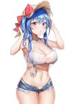  1girl :o alternate_costume armpits azur_lane bangs bare_arms bare_shoulders bikini bikini_under_clothes blue_hair blush breasts cleavage commentary_request cowboy_shot denim denim_shorts eyebrows_visible_through_hair halter_top halterneck hat highres large_breasts looking_at_viewer midriff navel open_mouth purple_eyes see-through shirt short_shorts shorts sidelocks simple_background solo st._louis_(azur_lane) straw_hat sun_hat swimsuit tied_shirt white_background yayoichi_(yoruyoru108) 