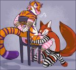  0600hours 2019 anthro anthro_on_anthro arm_warmers armwear bdsm blush bondage bound bulge canid canine chair clothing collar dhole duo erection felid gag gagged legwear male male/male mammal pantherine panties rope rope_bondage simple_background skdaffle stockings tiger underwear 