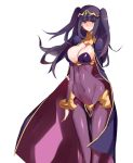  1girl arm_behind_back bangs black_hair blunt_bangs blush bodysuit bracelet breasts cape cleavage covered_navel cowboy_shot eyebrows_visible_through_hair fire_emblem fire_emblem_awakening floating_hair jewelry large_breasts long_hair looking_at_viewer pelvic_curtain purple_eyes simple_background solo standing tharja tiara twintails white_background yostxxx 