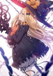  1girl abigail_williams_(fate/grand_order) bangs black_bow black_dress black_headwear blonde_hair bloomers blue_eyes blurry blurry_background blurry_foreground blush bow bug butterfly commentary_request depth_of_field dress fate/grand_order fate_(series) hair_bow hat insect long_hair long_sleeves looking_away multiple_bows multiple_hair_bows object_hug orange_bow parted_bangs parted_lips polka_dot polka_dot_bow profile sleeves_past_fingers sleeves_past_wrists solo stuffed_animal stuffed_toy tears teddy_bear underwear very_long_hair white_background white_bloomers witch_hat yano_mitsuki 
