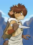  angry anthro bovid brown_eyes brown_fur caprine clothed clothing fur goat horn jonas knife male mammal outside satyr sky solo tan_fur taunus yellow_eyes 