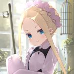  &gt;:) 1girl abigail_williams_(fate/grand_order) bangs bell_(oppore_coppore) birdcage black_dress blonde_hair blue_eyes blurry blurry_background blush braid butterfly_hair_ornament cage closed_mouth commentary_request depth_of_field dress fate/grand_order fate_(series) forehead hair_ornament heart heroic_spirit_chaldea_park_outfit holding keyhole long_hair long_sleeves parted_bangs shirt sidelocks sleeveless sleeveless_dress sleeves_past_fingers sleeves_past_wrists smile solo v-shaped_eyebrows white_shirt 