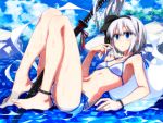  bikini blue_eyes clouds gray_hair headband katana konpaku_youmu myon navel ribbons sazanami_mio short_hair sky swimsuit sword touhou water weapon wet 