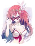  1girl bikini blue_eyes blush breasts glasses godguard_brodia granblue_fantasy hair_between_eyes hair_ornament highres jacket large_breasts long_hair looking_at_viewer navel red_hair rilmok solo sunglasses swimsuit very_long_hair 