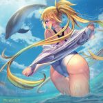  1girl ass back bangs bare_shoulders blonde_hair blue_eyes blue_sky blush closed_mouth dated dolphin fate/grand_order fate_(series) glasses jacket jeanne_d&#039;arc_(fate)_(all) jeanne_d&#039;arc_(swimsuit_archer) long_hair long_sleeves looking_at_viewer looking_back ocean off_shoulder one-piece_swimsuit open_clothes open_jacket ponytail sky smile sunlight swimsuit thighs very_long_hair wading white_jacket white_swimsuit yudoufu_(unify) 