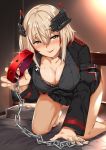  1girl all_fours armband azur_lane bangs barefoot bed bed_sheet black_jacket black_shirt black_skirt blonde_hair blush breasts chain cleavage collar collarbone collared_shirt commentary_request eyebrows_visible_through_hair grin hair_between_eyes headgear hidebuu holding_collar indoors iron_cross jacket large_breasts long_sleeves looking_at_viewer multicolored_hair on_bed open_mouth pillow pleated_skirt pussy_juice pussy_juice_trail red_collar roon_(azur_lane) shirt short_hair skirt smile solo streaked_hair sweat yellow_eyes 
