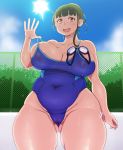  1girl abubu areola_slip areolae bangs breasts brown_eyes cameltoe collarbone covered_navel goggles green_hair hair_ornament highres huge_breasts looking_at_viewer nikuko_(galko) open_mouth oshiete!_galko-chan outdoors over-rim_eyewear plump pool pussy see-through semi-rimless_eyewear short_twintails sky smile solo standing swimsuit swimwear thick_thighs thighs tongue twintails 