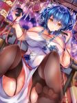  1girl absurdres alternate_costume azur_lane black_legwear blue_hair blurry bow braid breasts china_dress chinese_clothes cleavage covered_navel cup depth_of_field detached_collar dress dutch_angle fan floral_print folding_fan garter_straps hair_between_eyes hair_bow hair_ribbon highres large_breasts licking_lips looking_at_viewer orange_eyes pelvic_curtain ribbon short_hair short_twintails sitting sleeveless solo st._louis_(azur_lane) st._louis_(splendor_of_spring)_(azur_lane) teacup thighhighs thighs tongue tongue_out tub_(abcehknqux) twin_braids twintails white_dress wristband 