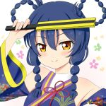  1girl alternate_hairstyle angelic_angel arm_up bangs blue_hair blush braid closed_mouth commentary_request detached_sleeves eyebrows_visible_through_hair fan flower folding_fan hair_between_eyes hair_rings japanese_clothes kemu_(guruguru_dan) kimono long_hair looking_at_viewer love_live! love_live!_school_idol_project simple_background smile solo sonoda_umi twin_braids yellow_eyes 