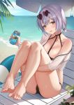  1girl ass azur_lane bangs bare_legs bare_shoulders barefoot beach beach_umbrella bikini black_bikini blue_sky blurry blurry_background blush breasts can chair choker cleavage cloud collarbone day depth_of_field eyewear_on_head feet full_body halter_top halterneck head_tilt heart heart-shaped_eyewear highres holding holding_can horizon knees_up large_breasts leg_hug looking_at_viewer lounge_chair low_twintails navel o-ring o-ring_top ocean off_shoulder outdoors pink-framed_eyewear red_eyes sand scrunchie see-through sheer_clothes short_hair silver_hair sirius_(azur_lane) sirius_(midsummer_seirios)_(azur_lane) sitting sky solo sunglasses sunlight swimsuit thigh_strap twintails umbrella water white_scrunchie wrist_scrunchie ziko 