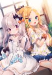  2girls :d abigail_williams_(fate/grand_order) alternate_costume ana_(rznuscrf) bags_under_eyes bangs black_bow blonde_hair blue_shorts blush bow bubble_tea casual closed_mouth commentary_request cup detached_sleeves disposable_cup dress drinking_straw dutch_angle earrings fate/grand_order fate_(series) fingernails forehead hair_bow highres holding holding_cup horn jewelry lavinia_whateley_(fate/grand_order) long_hair multiple_girls multiple_hair_bows nail_polish off-shoulder_shirt off_shoulder open_mouth orange_bow pale_skin parted_bangs pink_nails polka_dot polka_dot_bow puffy_short_sleeves puffy_sleeves red_eyes shirt short_shorts short_sleeves shorts silver_hair sitting sleeveless sleeveless_dress smile very_long_hair white_dress white_shirt white_sleeves 