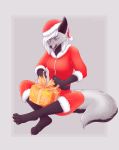  2017 4_toes absurd_res anthro belt black_pawpads canid canine canis cheek_tuft christmas christmas_present claws clothing costume crossed_legs eyebrows eyelashes female finger_claws fur grey_background hair hat headgear headwear hi_res holidays licking licking_lips looking_down mammal pawpads paws ribbons rins_(elader) santa_costume santa_hat simple_background sitting solo toe_claws toes tongue tongue_out tuft two_tone_tail white_hair wolf yellow_claws yellow_eyes yusioka 